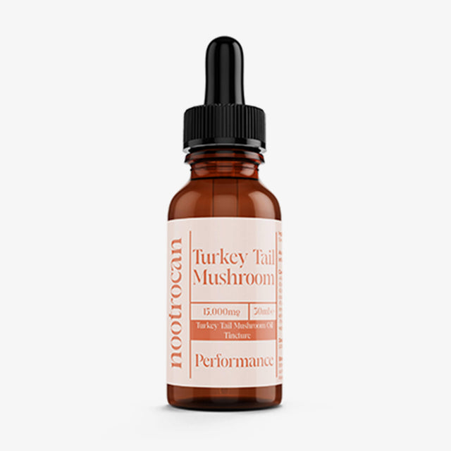 A 30ml amber glass bottle of Nootrocan Turkey Tail Mushroom Performance tincture with a dropper.