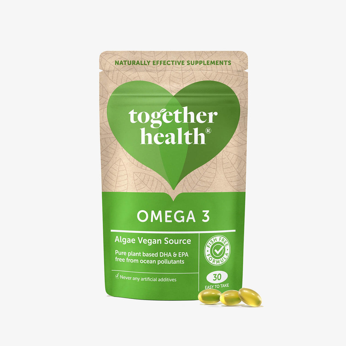 Packaging of Together Health Omega 3 supplements with a green and brown color theme and an image of an omega-3 capsule.