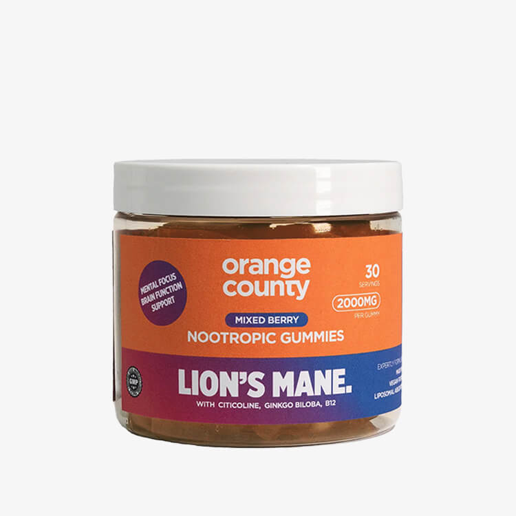 A container of Orange County 2000mg Lion's Mane Gummies with the label showing the product name and the number of pieces, 30.