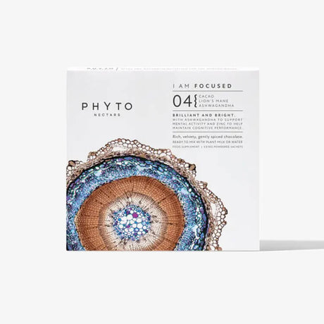 Packaging of Phyto Nectars I Am Focused drink mix with a decorative pattern and product information.