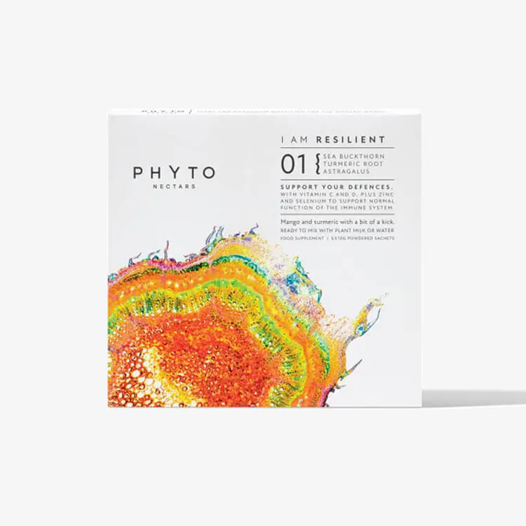 Packaging of Phyto Nectars with a colorful abstract design and text 'I AM RESILIENT' along with the product name 'PHYTO NECTARS'.