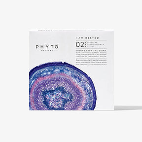 Packaging of Phyto Nectars - I Am Rested with an image of a cross-section of a plant, predominantly in shades of blue and white.