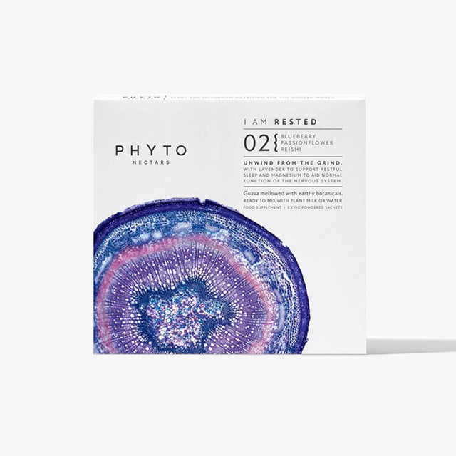 Packaging of Phyto Nectars - I Am Rested with an image of a cross-section of a plant, predominantly in shades of blue and white.