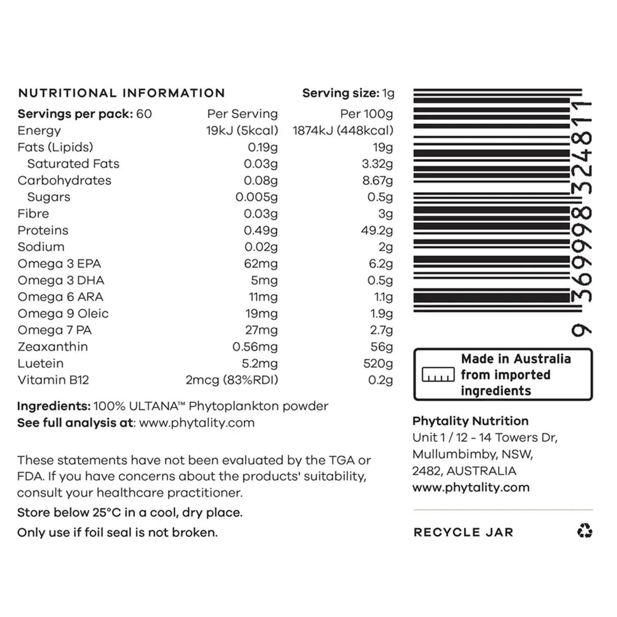 Phytoplankton powder nutritional information and product details on a label with a barcode.