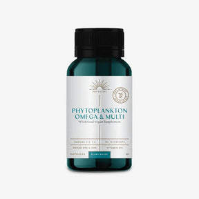 Supplement bottle labeled 'Phytoplankton Omega & Multi' on a white background