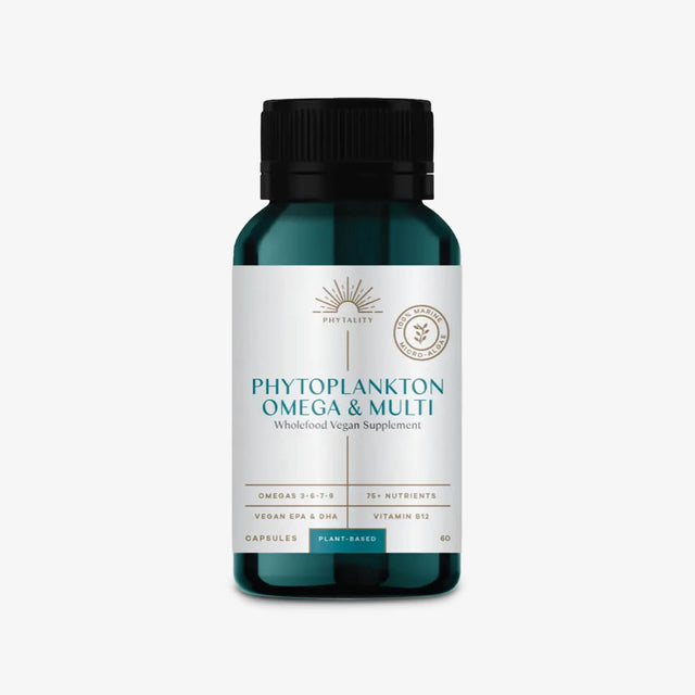 Supplement bottle labeled 'Phytoplankton Omega & Multi' on a white background