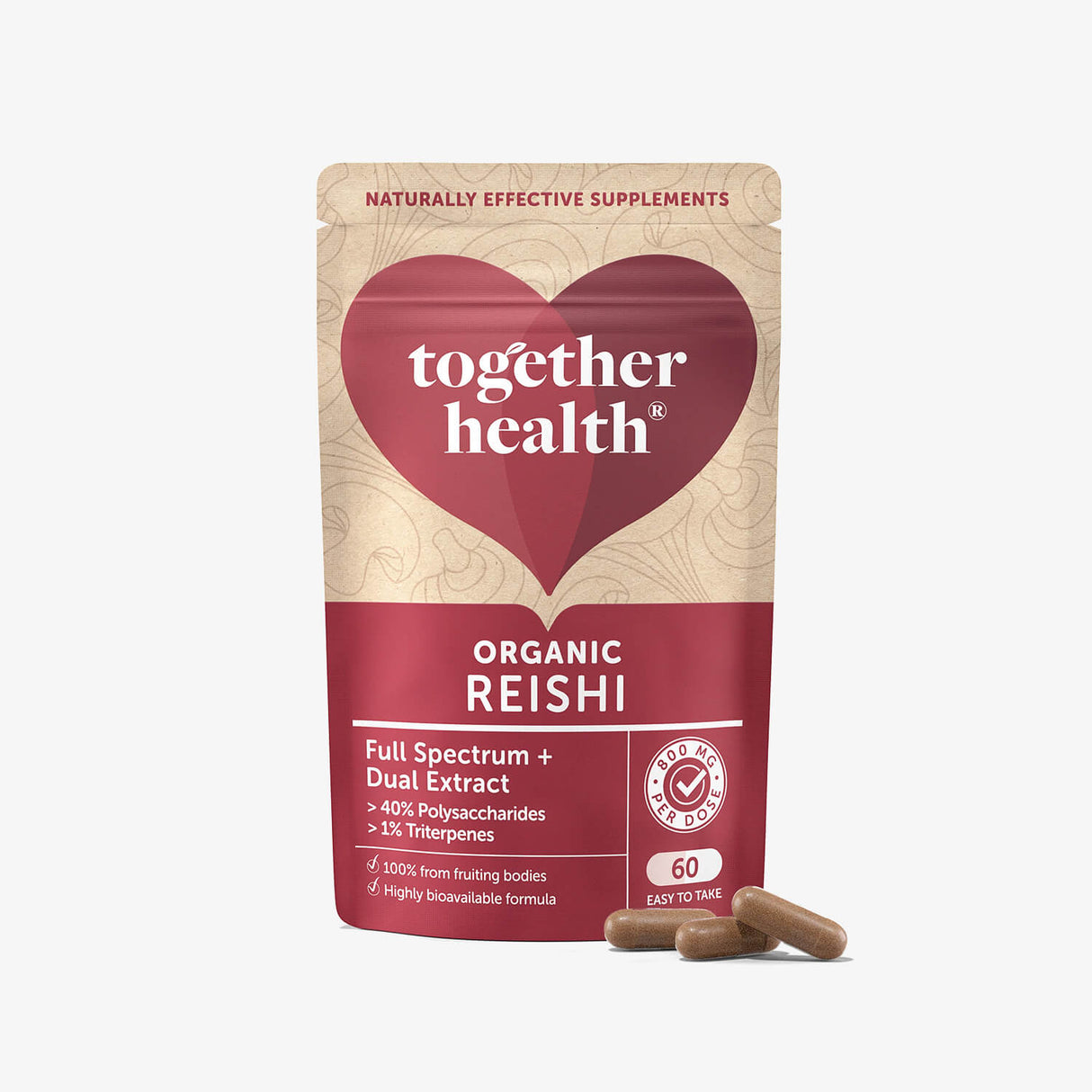Packaging of Together Health Organic Reishi supplement with a red and beige design, featuring capsules spilling out in front.