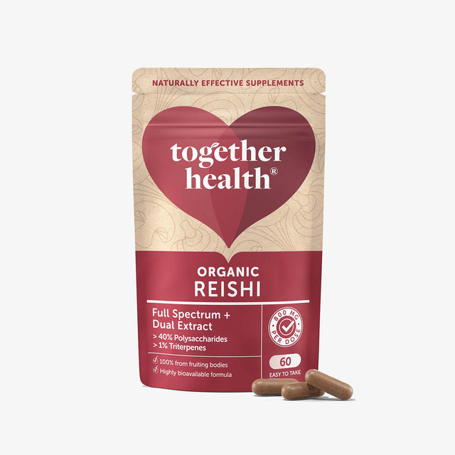 Packaging of Together Health Organic Reishi supplement with a red and beige design, featuring capsules spilling out in front.