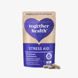 Packaging of Together Health Stress Aid with a blue and purple design, indicating the product is a supplement for stress relief and contains wholefood multivitamin.
