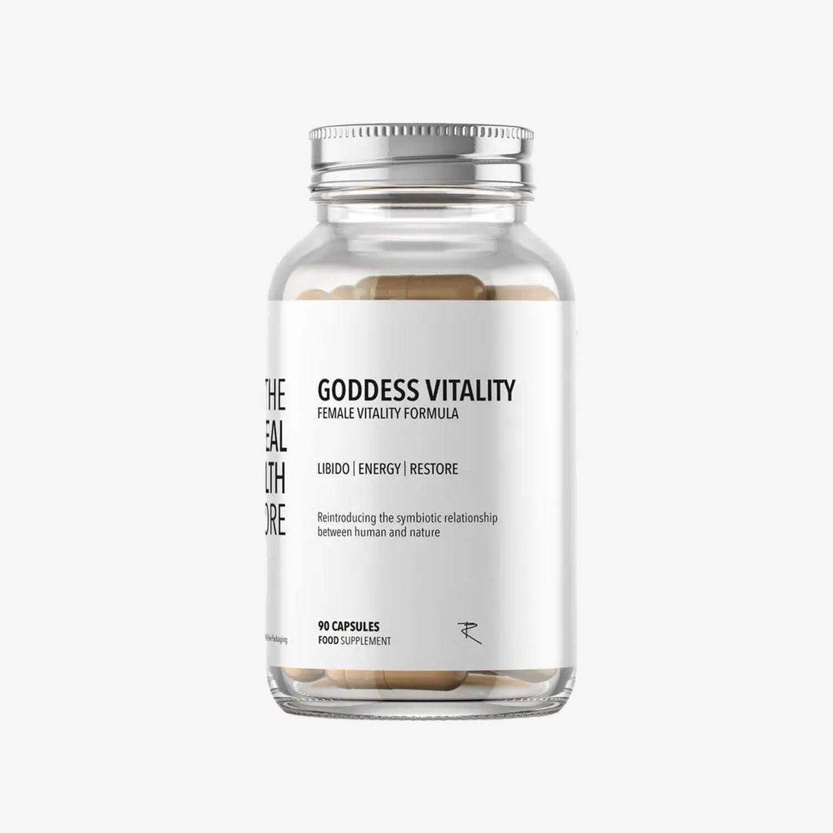 glass supplement bottle labelled female vitality by trhc goddess