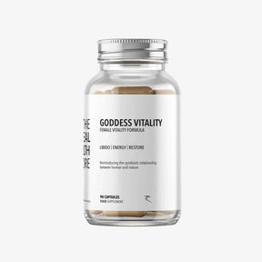 glass supplement bottle labelled female vitality by trhc goddess