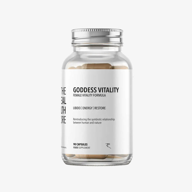 glass supplement bottle labelled female vitality by trhc goddess