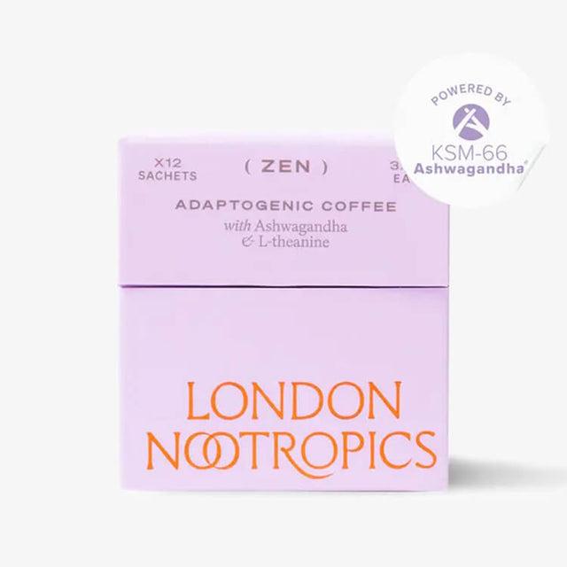 A box of Zen Adaptogenic Coffee by London Nootropics, containing 12 sachets. The packaging is purple and orange with text detailing the product name and adaptogenic ingredients such as Ashwagandha and L-theanine.